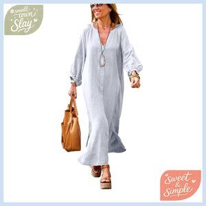 Long Sleeve Maxi Linen Shirt Dress Loose Button Down Tunic Shift